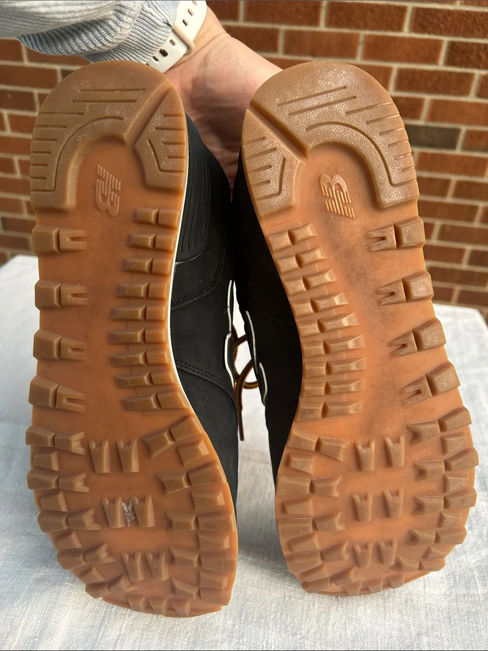 New Balance Men’s Black Sneakers with Tan Sole and Yellow-Orange Laces